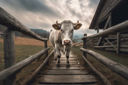 a cow stands near a farm destroyed by a hurricane. Generative AIの素材
