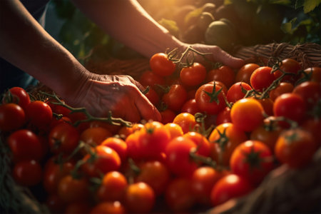 the hands of the farmer carefully put the fresh crop of tomatoes in the basket. Generative AIの素材