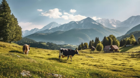 Incredibly beautiful pastures Plains and mountains. Generative AIの素材