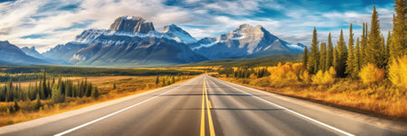 Scenic landscape with highway to rocky mountains. Generative AIの素材