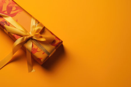 gift box tied with a silk ribbon on a yellow background postcard .Free space for your text.Generative AIの素材