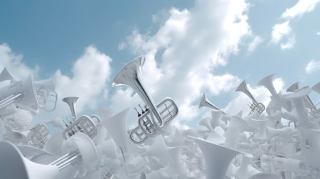 abstract background depicting musical signs and symbols against a bright sunny sky with clouds.musical fantasy. Generative AIの素材