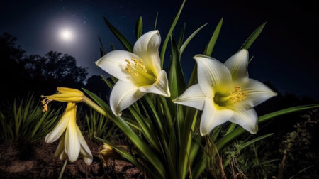 background of beautiful white flowers on a starry night, fabulous twinkling stars. Generative AIの素材