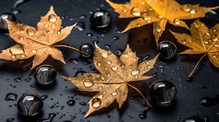 Golden maple leaves in water drops on a background of polished black stone top view, gold and stone. Generative AIの素材