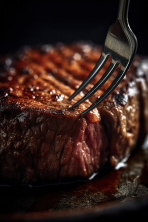 medium-rare beef steak close-up on a black plate on a wooden table. Generative AIの素材