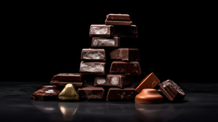 Heap of broken chocolate sprinkled on a dark background. chocolate Day. Generative AIの素材
