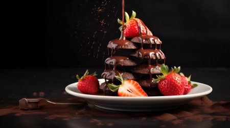 a slide of strawberries poured with hot chocolate on a black background. world chocolate day.Generative AIの素材