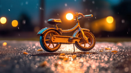 Close-up of a childrens bicycle on a city street. bicycle on the roadway without a child . life insurance and protection concept.Generative AIの素材