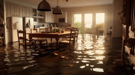 the room and furniture were flooded with water after the flood, a severe flood. natural disaster insurance and real estate insurance concept .Generative AIの素材