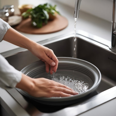Close up hands of housewife washing dishes in at the kitchen sink.Generative AIの素材
