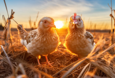 chickens walking around the farm yard. Generative AIの素材
