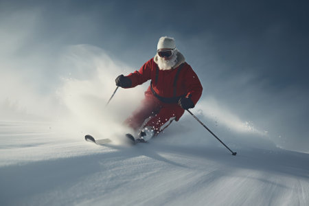 Santa Claus with a white beard in glasses and a helmet descends a snowy high slope with gifts for Christmas . Generative AIの素材