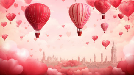 festive background - card with balloons heart shaped colors. love and celebration. valentines day card balloons with red heart. Generative AIの素材