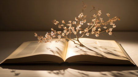 Open book with fresh blooming twig on pages spring cherry tree romantic pink flowersの素材
