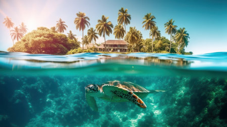 turtle underwater at the foot of Paradise tropical island with palm trees on a sunny day. Generative AIの素材