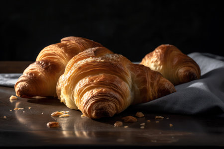 Board with delicious croissants on a dark wooden table, close-up. french pastries.generative AIの素材