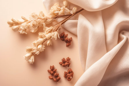 flat lay photo of beige scarf and dried flowers. background. Generative AIの素材