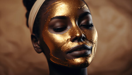 young female model is relaxed with a golden mask on her face. skin rejuvenation of a beautiful woman. Luxury Skin Care Concept. generative AIの素材
