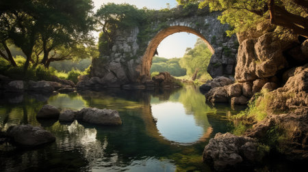 Roman bridge.arch bridge across the river. Monument of ancient Roman architecture. Generative AIの素材