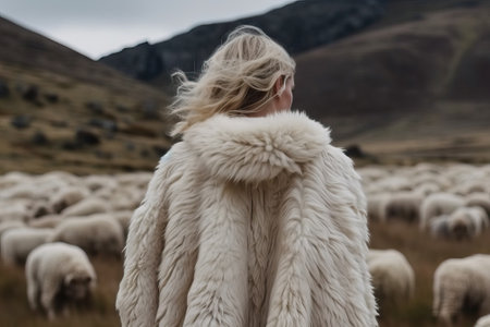 rear view. of a girl in an artificial fur coat against the background of animals in a meadow. the concept of animal protection. Generative AIの素材