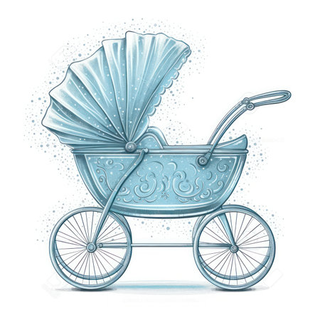 blue retro baby stroller isolated on white background. 3D illustration. Generative AI.の素材