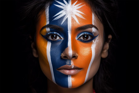 Happy Indian Independence Day.Woman with Makeup with in India flag colors for Independence Day. August 15 Happy Indian Independence Day. Generative AIの素材