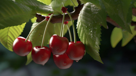 Abundant harvest: a branch of ripe cherries on a sunny day . Generative AIの素材