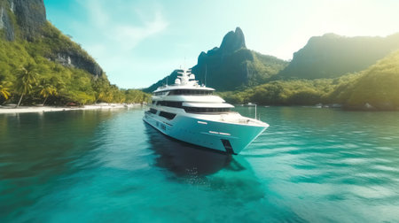 Cruise liner in a beautiful bay with turquoise colored water. luxury travel and leisure. Generative AI.の素材