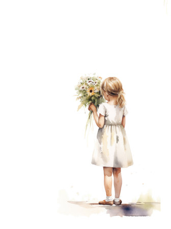 the girl holds out a bouquet of flowers on a white background. back view.watercolor.postcard congratulations. Generative AIの素材
