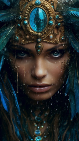 beauty portrait of a model in a headdress made of gold, blue stones and feathers. Generative AIの素材