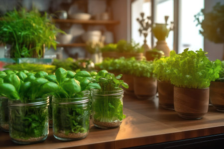 microgreens in the kitchen. Healthy eating concept. Fresh garden produce organically grown as a symbol of health. Microgreens closeup. Generative AIの素材