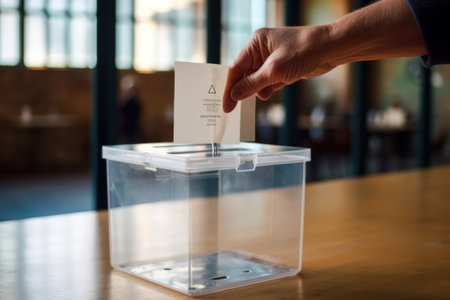 a hand drops a ballot into a transparent plastic ballot box on election day at a polling station. the will of the voters. free elections. Generative AIの素材