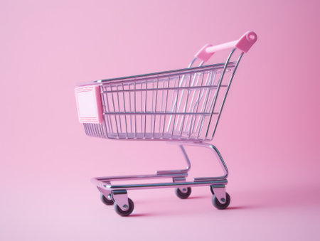 Womens shopping: an empty miniature purple shopping cart from a supermarket, a miniature grocery cart on a colored background.Generative AIの素材