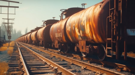 unclaimed rusty freight wagons derailed or on abandoned branches. wartime, crisis, misfortune, disaster. environment and insurance concept.Generative AIの素材