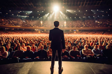 Motivational speaker in a suit with a headset on the stage, rear view. The professor speaks to the audience.Generative AI.の素材