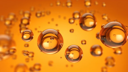 golden background with liquid and drops.Oil bubbles and drops splash. Generative AIの素材