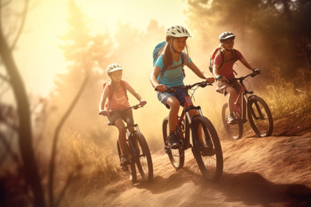 children cyclists rush through the park at sunset . Generative AIの素材