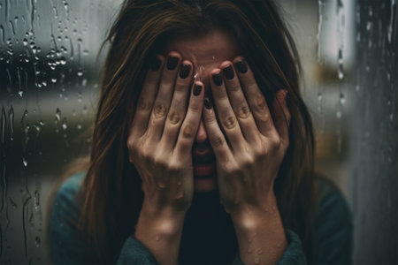 Young woman covers her face with her hands in the rain. She looks through her fingers at the viewer. emotions of fear or horror. Generative AIの素材