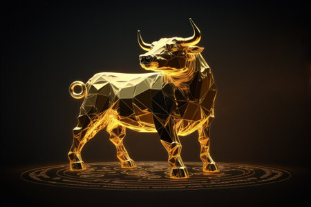 Gold bull market.Golden bull - a symbol of financial growth in a technological style on a dark background. Generative AI.の素材