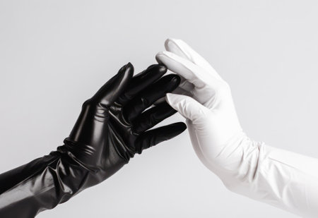 Two hands in sterile gloves. Hands in black nitrile and white nitrile gloves. Skin protection during epidemics and quarantine. protective overalls. there is space for text.Generative AIの素材