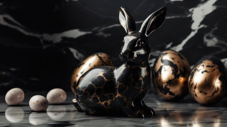an artistic product. Rabbits and eggs made of black marble and gold. Jewelry, design, jewelry. concept of the holiday. Easter. generative AIの素材