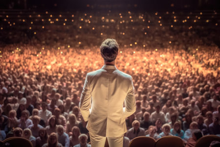 Motivational speaker in a white suit with a headset on stage, back view.Generative AI.の素材
