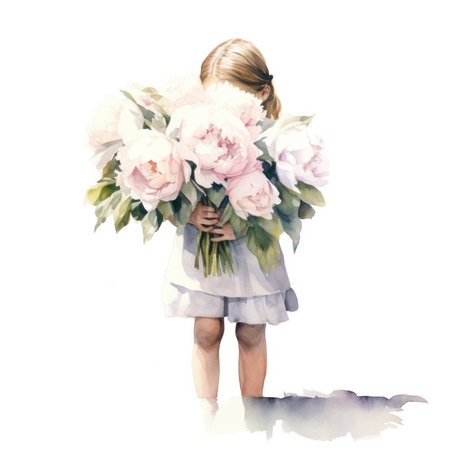 the girl shyly covered her face with a bouquet of flowers on a white background hand-drawn in watercolor. postcard congratulation. Generative AIの素材