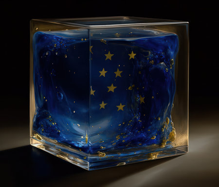 blue cube with the emblem of the European Union on a dark background. Generative AIの素材