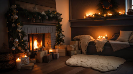 living room interior decorated for Christmas. a tall and fluffy Christmas tree next to the fireplace is decorated with a garland and a wink. Generative AIの素材
