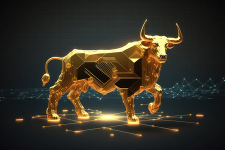 The bullish trend of the bitcoin cryptocurrency in the golden futuristic concept.Generative AIの素材