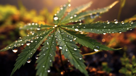 Cannabis leaves with dew drops at dawn, close-up. Generative AIの素材