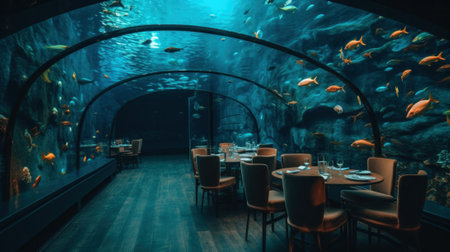 Underwater exotic luxury restaurant. behind the glass wall the underwater world, sharks, corals, beautiful colorful fish,Generative AIの素材