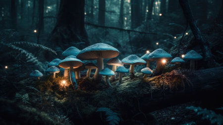 Magic mushrooms in a dark mysterious forest on a blurred background, magic in the air. Generative AIの素材