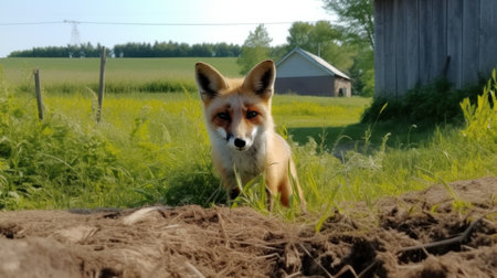 a fox in search of food wanders around the farm near the chicken coop. Generative AIの素材